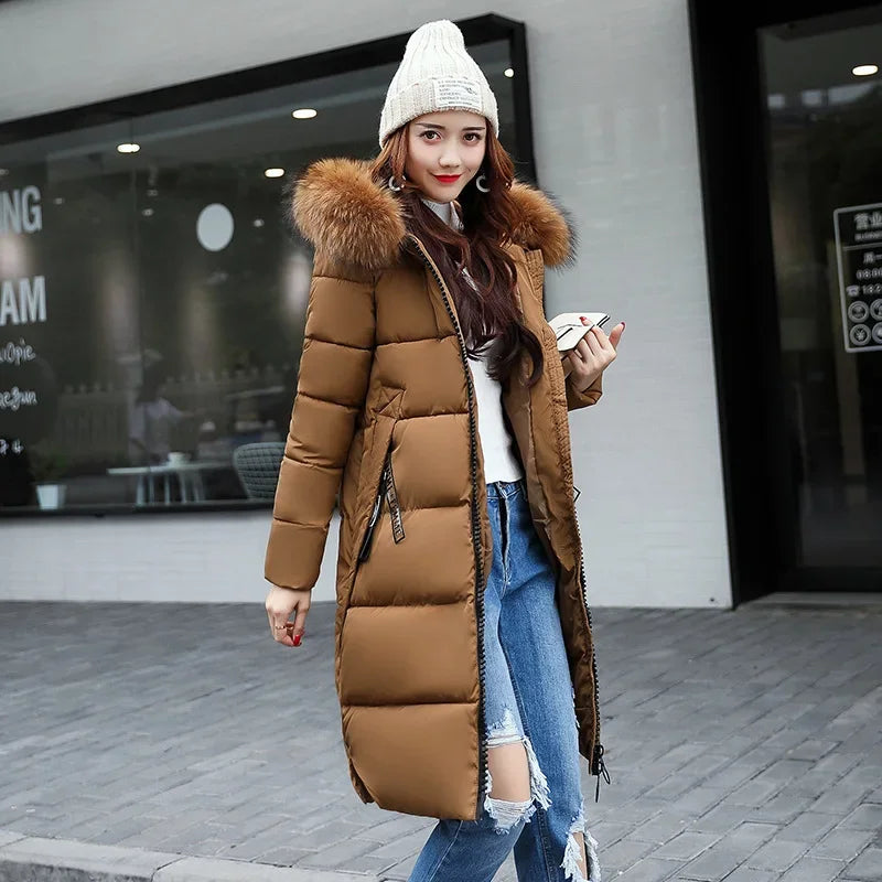 Parkas de plumón para mujer, chaqueta de invierno con cuello de piel grande, abrigo grueso y delgado, ropa de abrigo de algodón con capucha a la moda, abrigo largo de invierno para mujer 2024