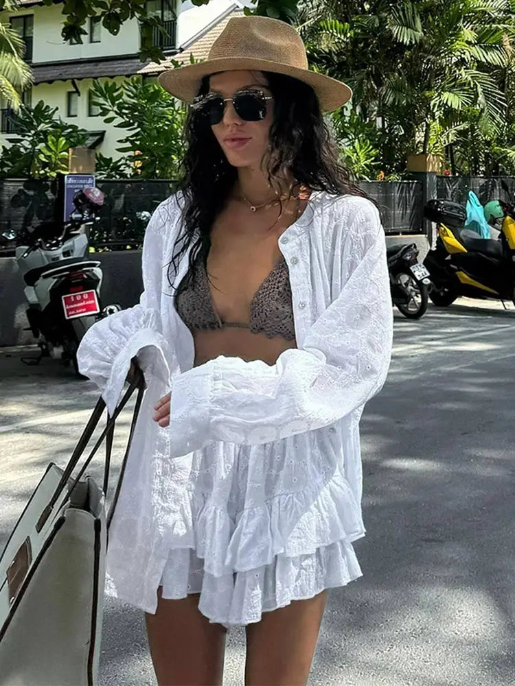 White Long Sleeved Shirt Jacket Shorts Sets Summer Female Stand Collar Single Breasted Suits Casual Vacation Casual Beachwear