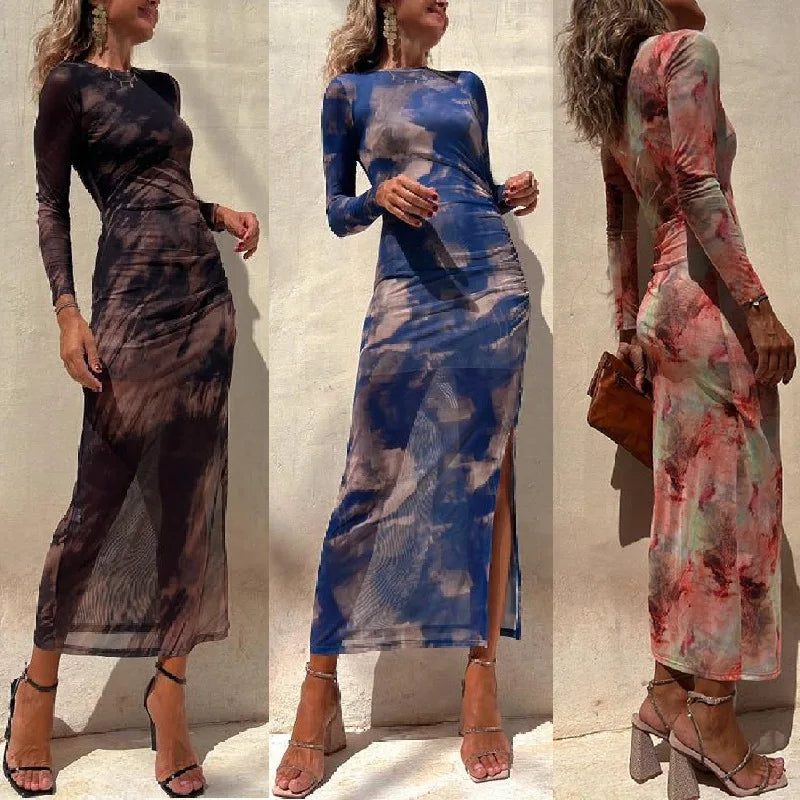 Tie Dye Printed Mesh See-through Maxi Dresses For Women Sexy Slim Slit Party Evening Dress 2023 Spring New Fashion Club Vestidos