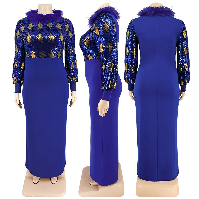 Elegant Luxury Autumn Women Evening Dresses Fur Collar Long Sleeve Plus Size Patchwork Maxi Dress Wholesale Dropshipping