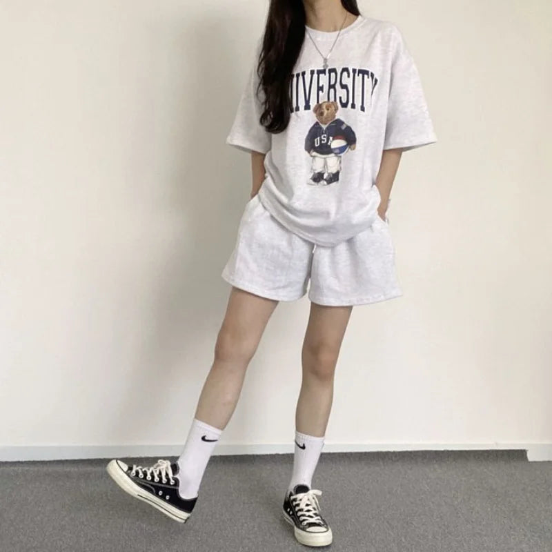 2024 New Casual Loose Two Pieces Short Sleeve T Shirt and High Waist Short Pants Suits Summer Cotton Bear Print Short Sets Women