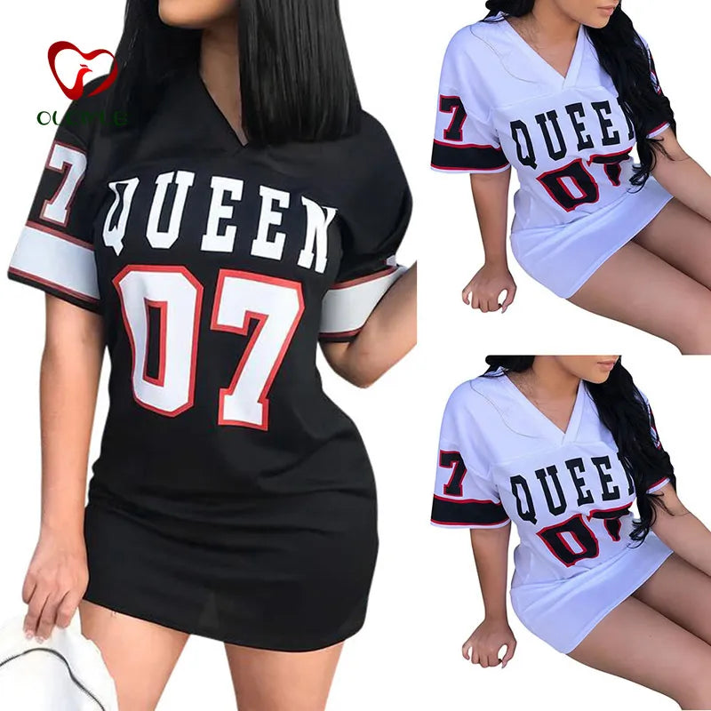 T Shirt Dress Women Short Dress Hip Hop Queen Printed Long T Shirt Loose V Neck Sexy Mini Dress Robe Camiseta Vestidos