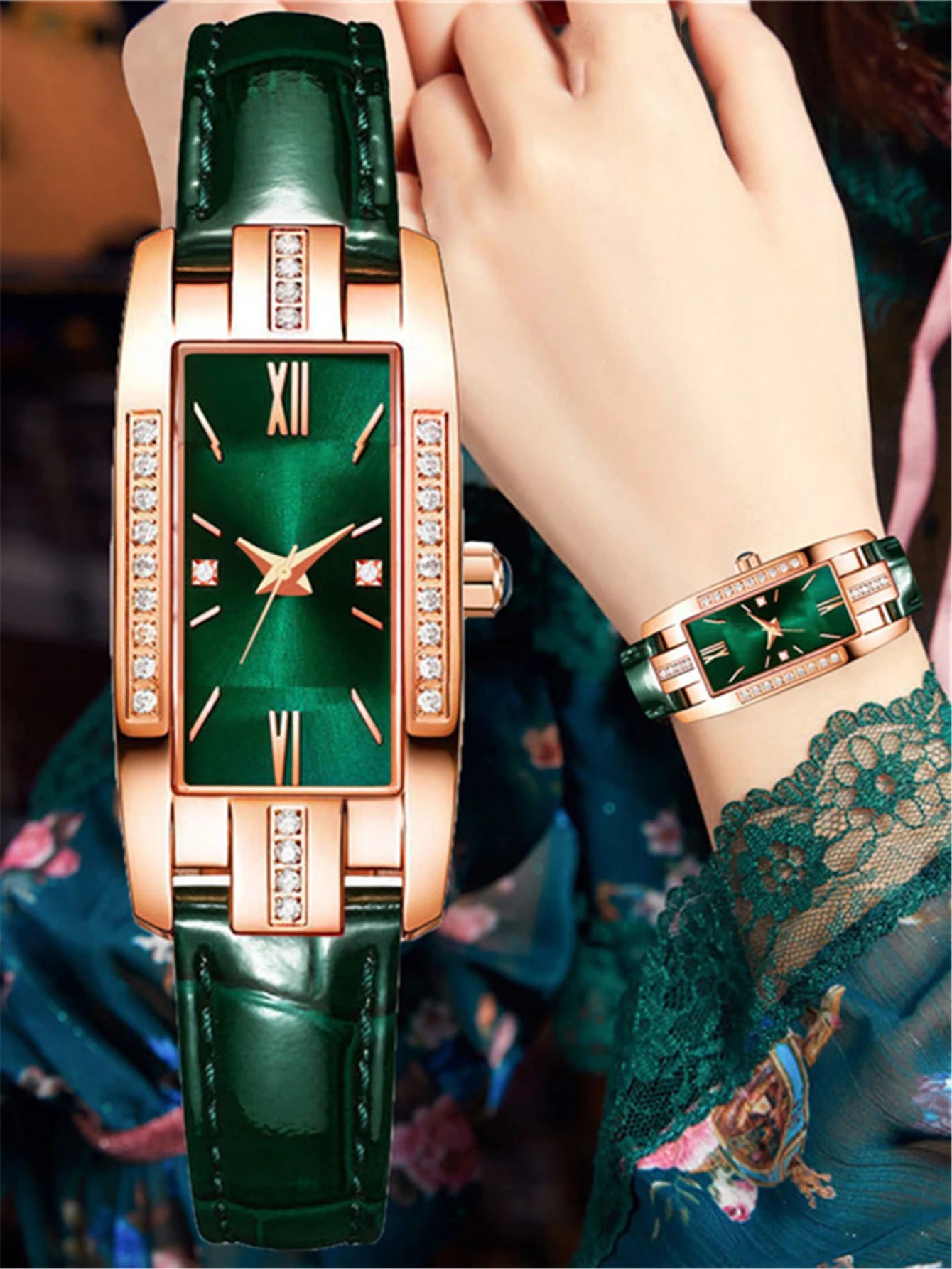 5 pièces ensemble mode femmes Rectangle montres dames affaires vert en cuir montre à Quartz femmes collier boucles d'oreilles Bracelet montre-Bracelet