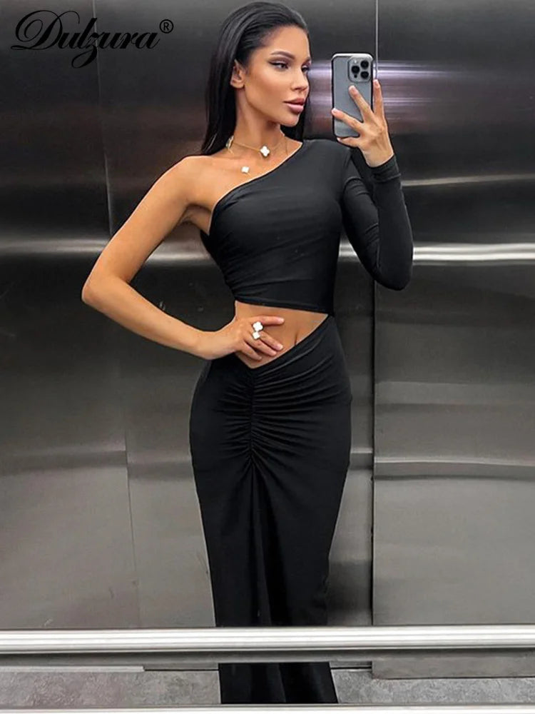 Dulzura Long Sleeve One Shoulder Maxi Dress Cut Out Ruched Slit Bodycon Sexy Prom Party Elegant Evening Y2K Clothes Birthday