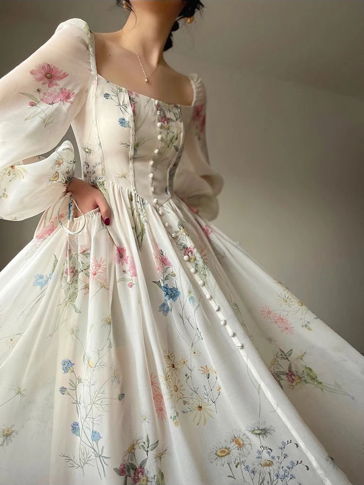 Vestido Midi Floral elegante francés de gasa, vestido de fiesta de noche de manga larga, vestido de una pieza de Hada de playa coreano, primavera 2024