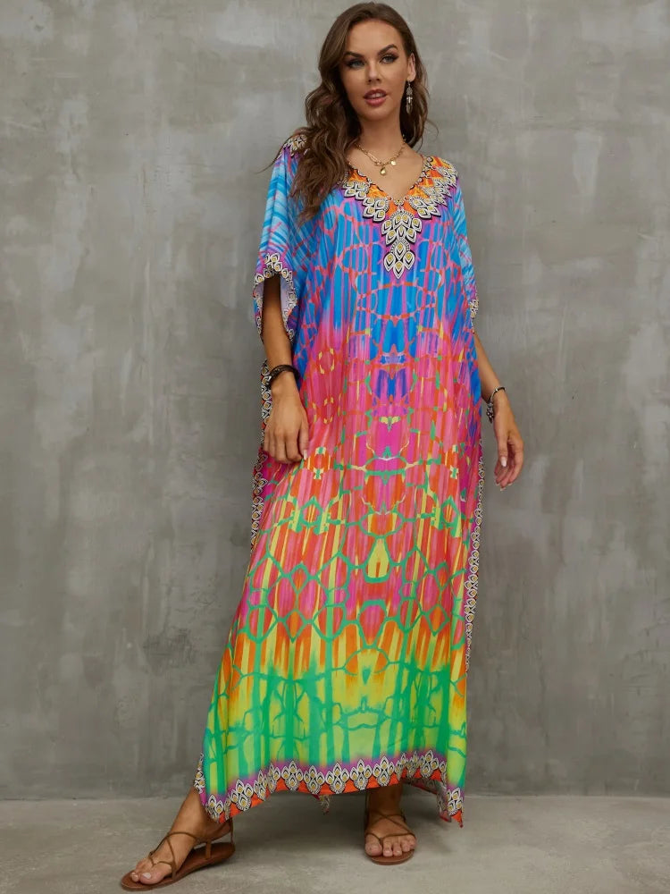 Gradient Multicolor Printed Sexy V Neck Long Dress Plus Size For Women 2023 Casual Summer Vacation Beach Wear Maxi Dresses Q1464