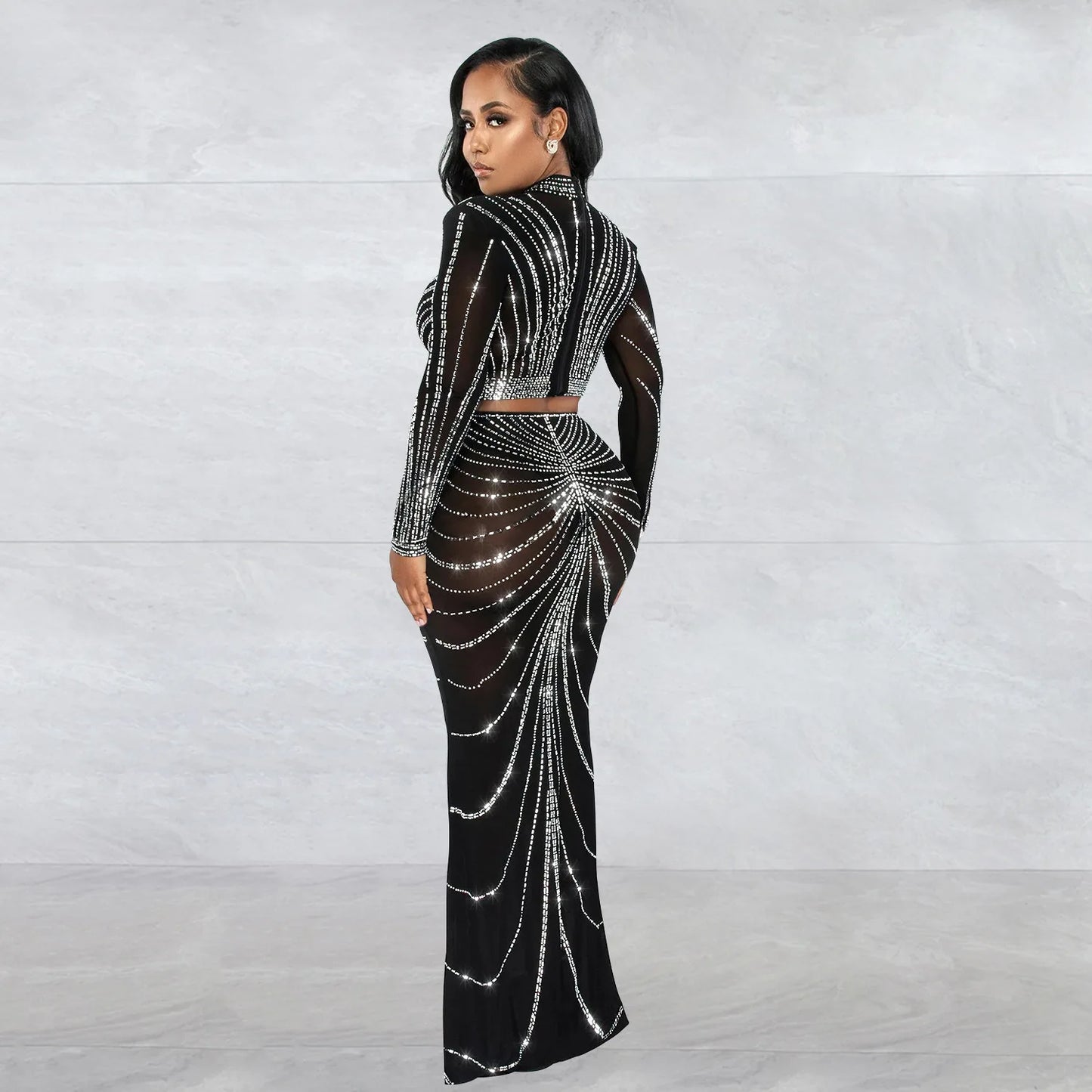 2023 Long Sleeve Mesh Maxi Bodycon Elegant Party Sparkly Rhinestone For Birthday Dress Sexy Club Two Piece Sets Womens Outifits