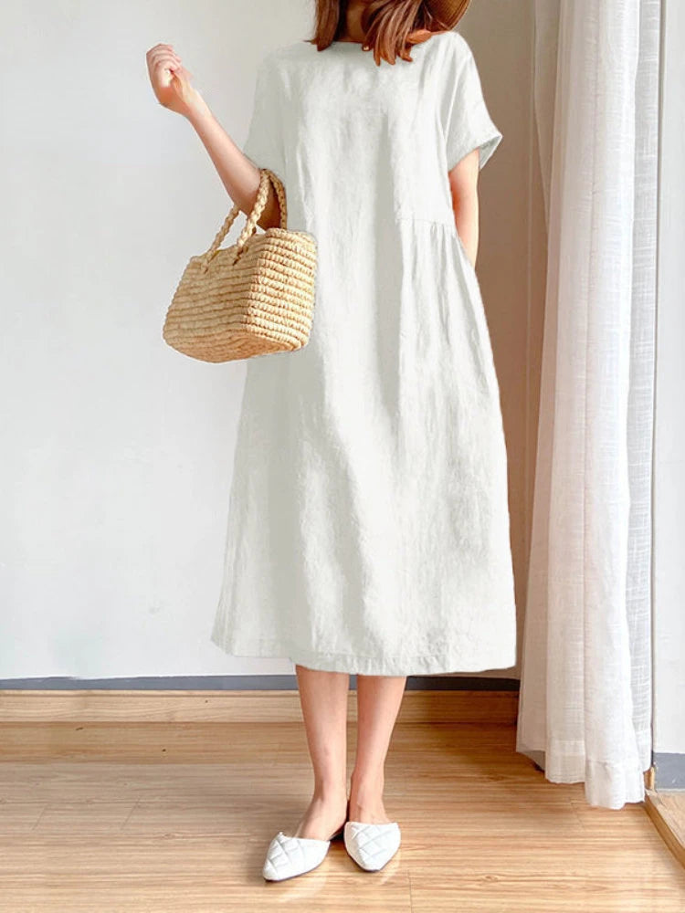 Summer Women Dress Casual Loose Short Sleeve A-LINE Oversize Solid Midi Dress Cotton Linen Dresses for Women Vestidos De Mujer