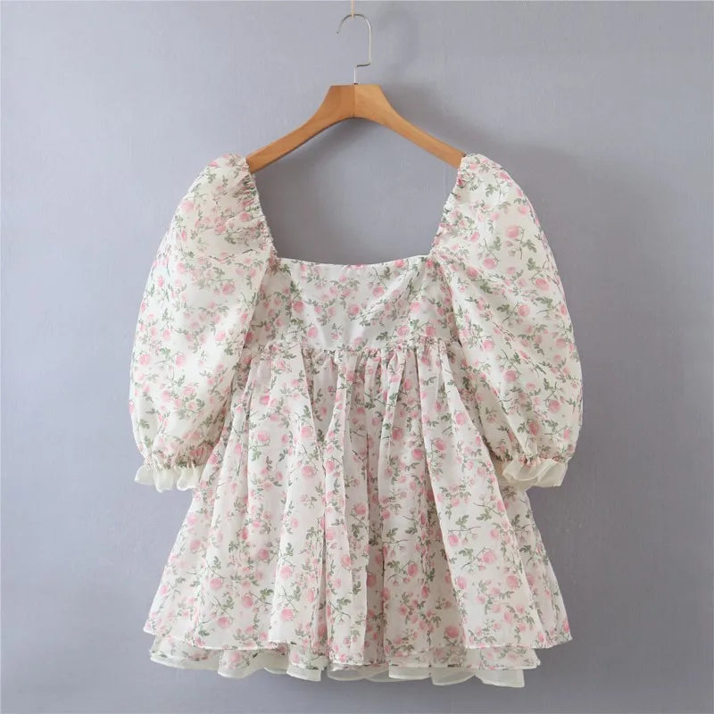 2 ways Wear Chiffon Floral Print Spliced Organza Ball Gown Dress Puff Sleeve Retro Women Swing Short Dresses Fairy Vestidos