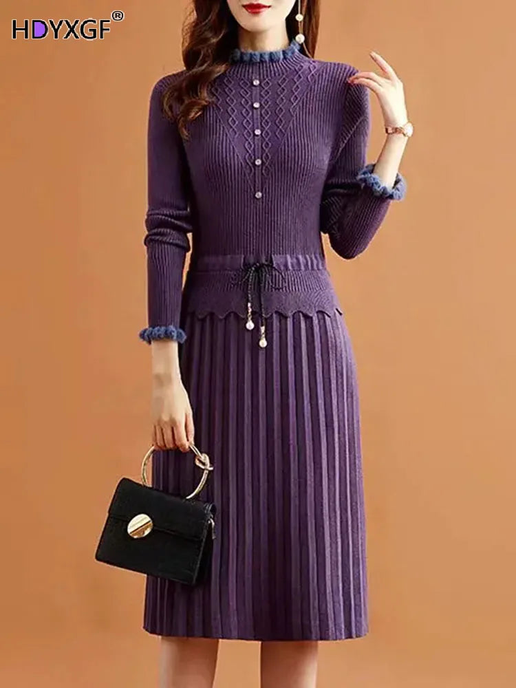 Casual Fake Two Pieces Pleated Knitted Dress Women Vintage Long Sleeve Bottoming Sweater Dresses Fall Elegant Slim Midi Vestidos