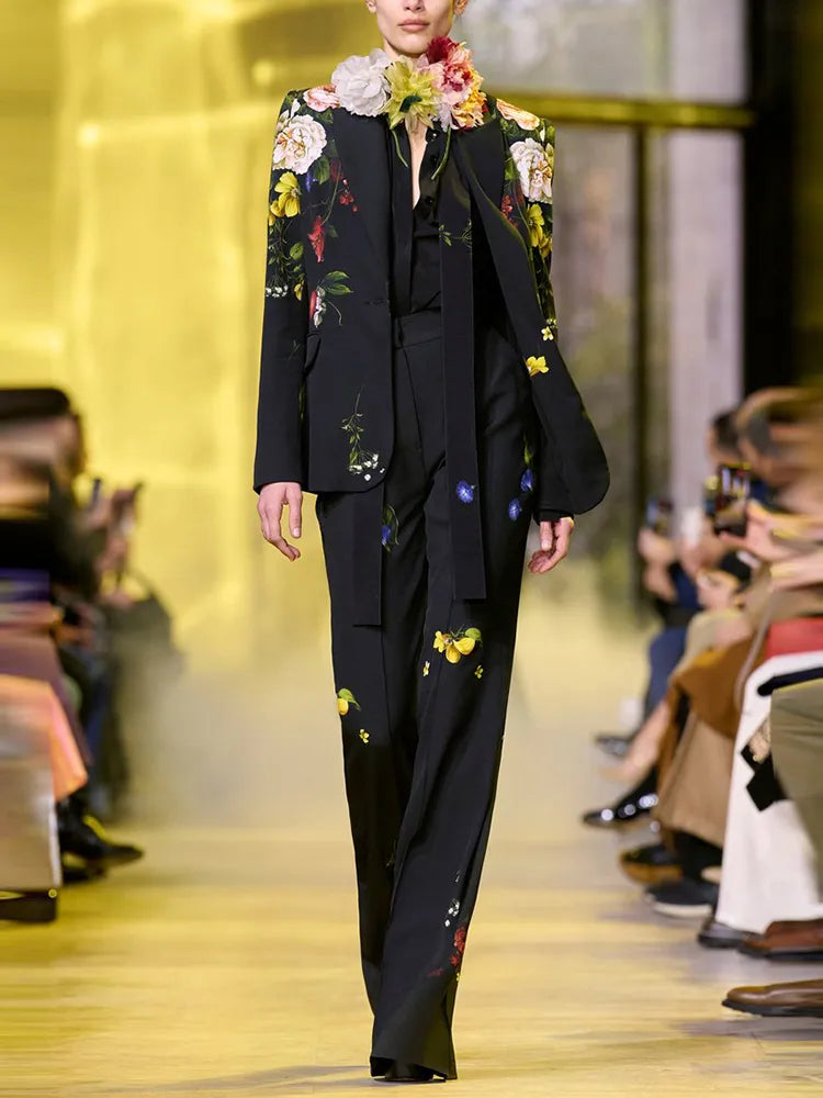 Costume de styliste pour femmes, ensemble 2 pièces, Blazer imprimé Floral, bouton unique, pantalon évasé, de haute qualité, nouvelle collection 2024