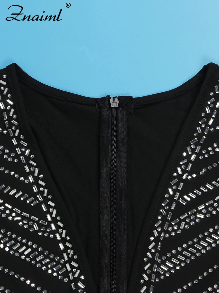 Mono Znaiml de lujo con lentejuelas y diamantes de imitación, Mono corto negro de manga larga para mujer, monos de una pieza, ropa de cumpleaños para Club nocturno