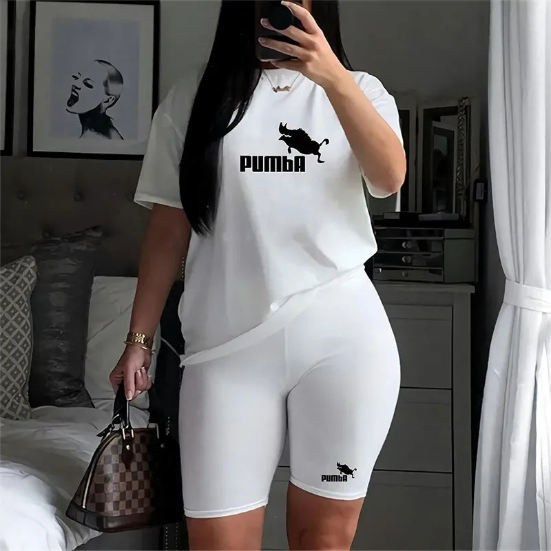 Women Two Piece Set Summer Short Sleeve O-Neck Tee Tops+Pencil Shorts Suits Tracksuits Outfit Graphic T Shirts Jogging Suits