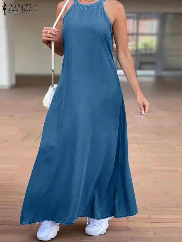 2023 PLUS SIZE ZANZEA Fashion Denim Long Dress Sexy Women Halter Swing Sundress Holiday Sleeveless Robe Casual Loose Maxi Dress