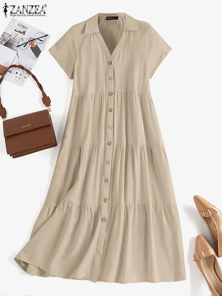 ZANZEA Elegant Women V Neck Short Sleeve Shirt Dress Summer Sundress Casual Ruffles Midi Vestidos Kaftan Buttons Down Robe Femme