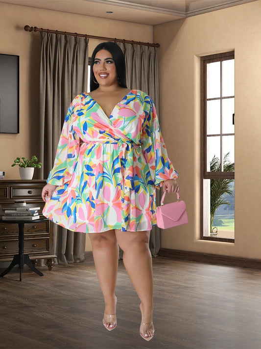 Robe femme manches longues V profond imprimé fleuri Sexy robes de grande taille élégant printemps automne fête robes en mousseline de soie Mini robe