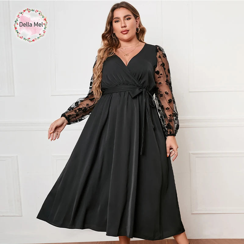 Della Mel grande taille femmes vêtements Sexy col en V dentelle manches longues robe Maxi dames élégant décontracté grande taille robes 3XL 4XL