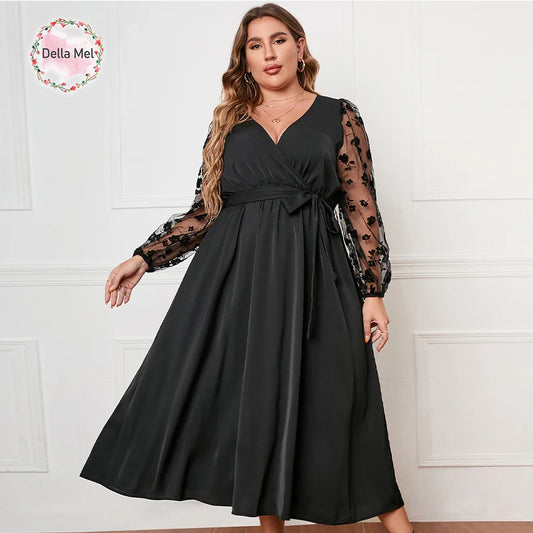 Della Mel Plus Size Women Clothing Sexy V Neck Lace Long Sleeves Maxi Dress Ladies Elegant Casual Large Size Dresses 3XL 4XL