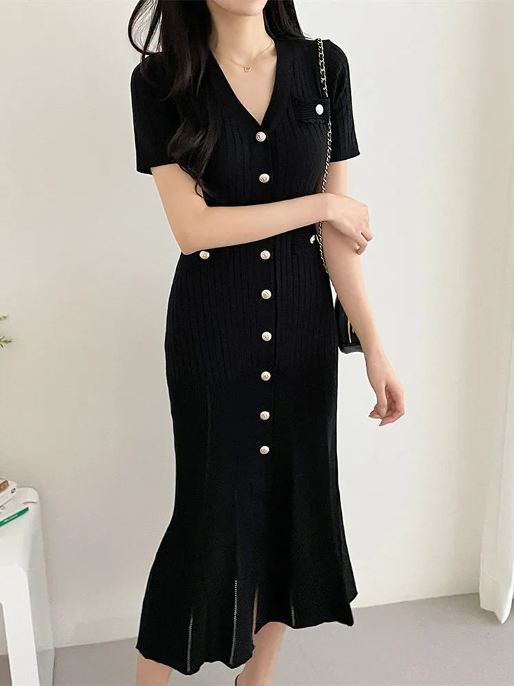 Summer Midi Dress Women Knitted Black Bodycon Korea Style Ruffle Ladies Dresses Elegant Fashion Casual Woman Dress 2023