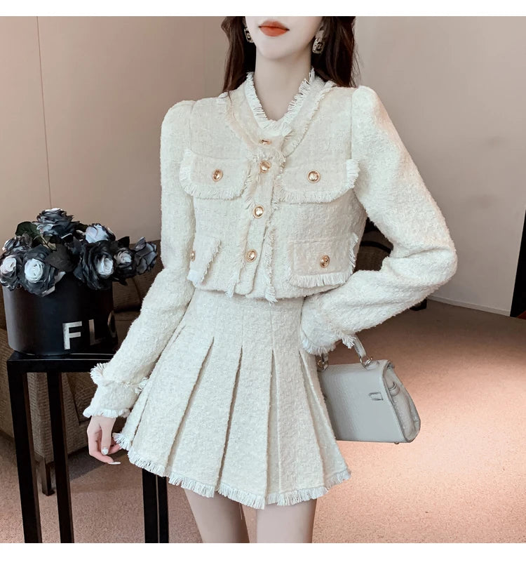 Women Elegant Tassel Y2K Korean Suit Jacket Coat And Skirt Two Piece Set Plaid Outfit New Winter Jacquard Tweed Pink Clothing