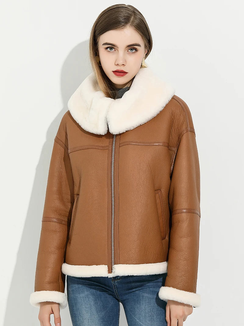 Veste d'hiver chaude pour femme, manteau en fourrure d'agneau naturelle, court en cuir véritable, vêtements de moto Cha, offre spéciale, 2024