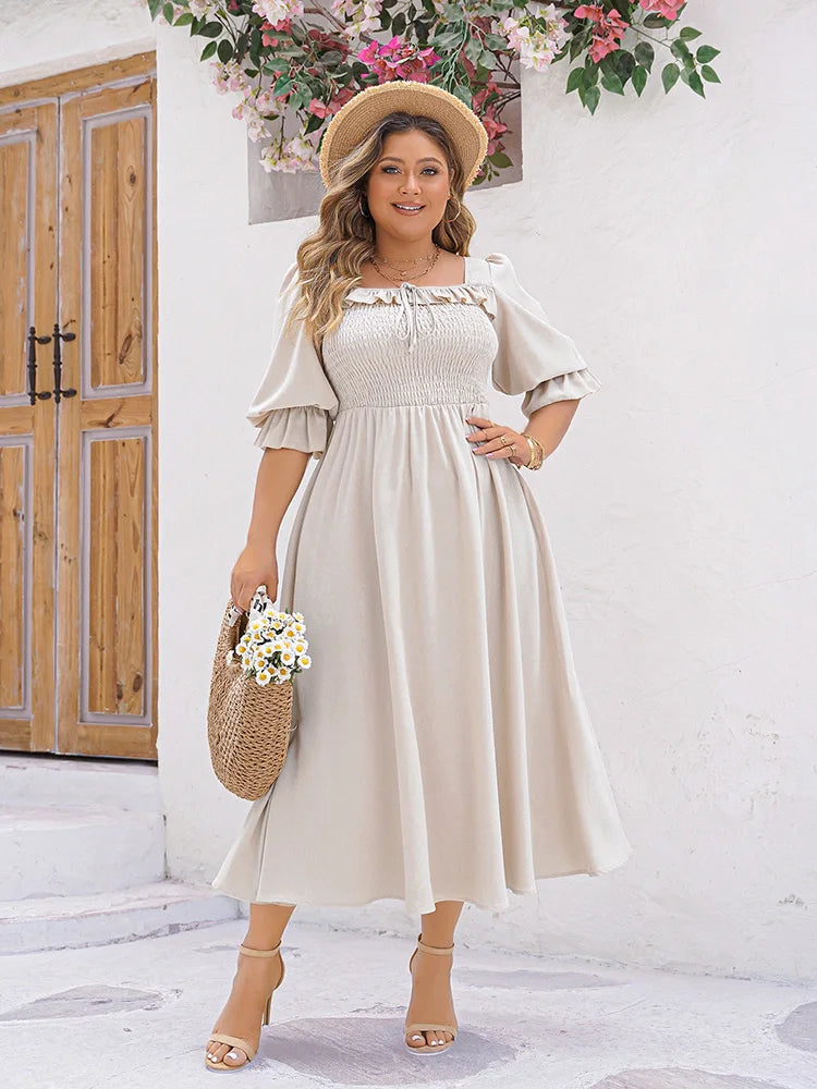 GIBSIE Plus Size Ruffle Trim Square Neck Puff Sleeve Dress Women Summer Casual Shirred A-Line Vacation Long Dresses 2024 New