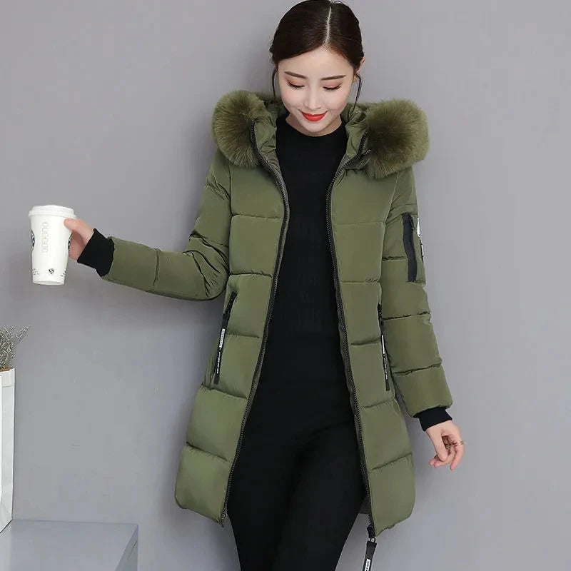 Fashion Fur Collar Hooded Down Cotton Coat Womens Winter Parkas Jacket Long Warm Padded Puffer Parkas Snow Wear Outwear Female