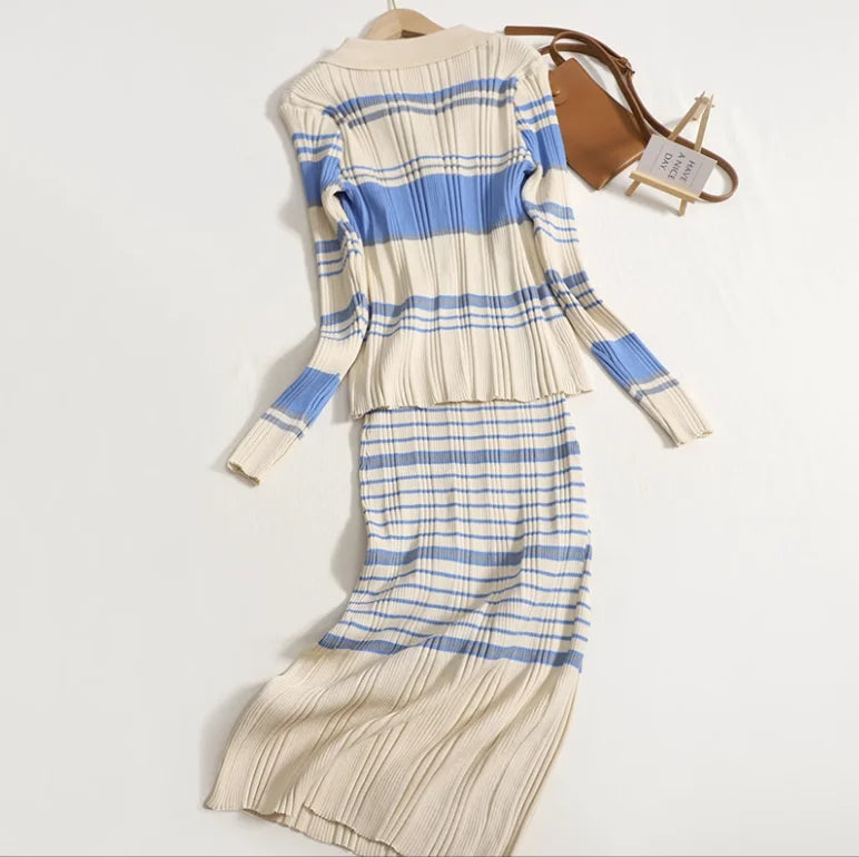 Women Fashion Casual Stripe Suit Cardigan Sweater And Strap Dress Two Piece Set Tracksuit Female Vintage Clothing Korean Outfit