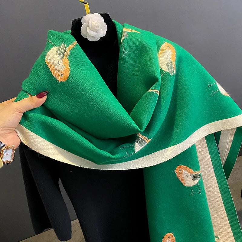 Bufanda de invierno para mujer, Pashmina de Cachemira, chales y chales, Bufandas con estampado de aves, Bufandas gruesas y cálidas, manta para mujer 2023