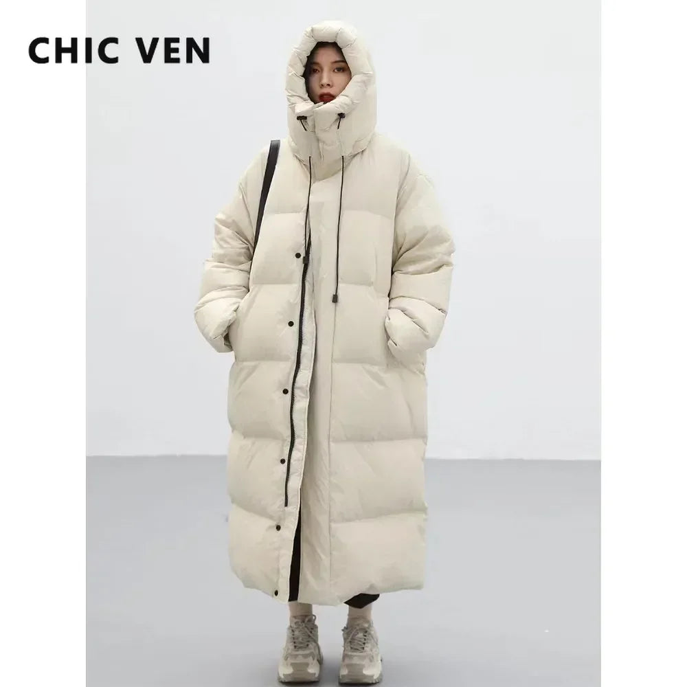 CHIC VEN-abrigos de plumas para mujer, Chaqueta larga gruesa y cálida con capucha holgada coreana, abrigo de invierno para mujer, Parkas para mujer 2023