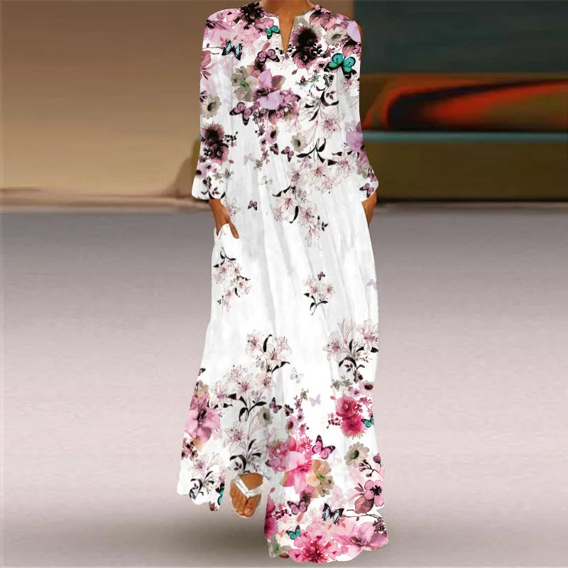 2023 nuevo vestido de talla grande para mujer Otoño Invierno vestidos largos con estampado Floral Casual cuello en V manga larga Boho vestido largo de fiesta en la playa