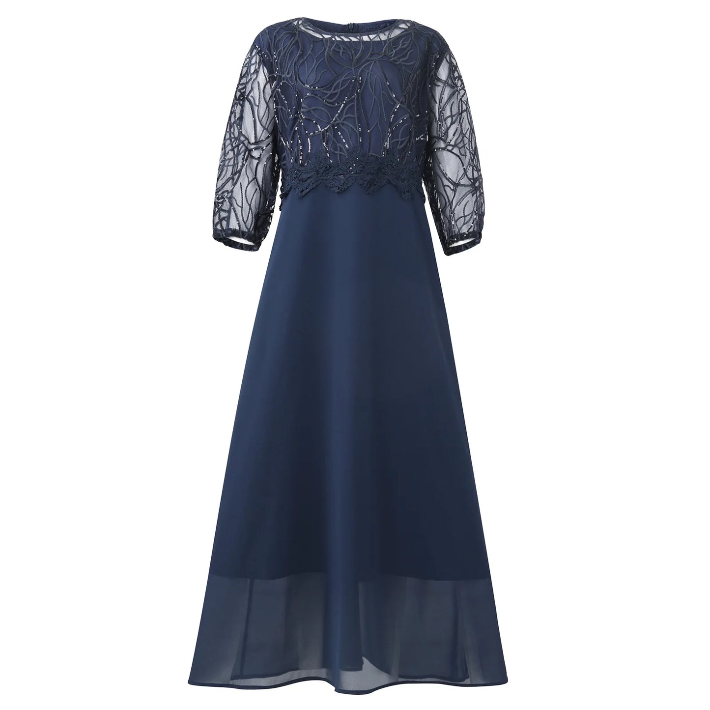 2023 Navy blue Night Party Elegant Dresses 5XL Summer 3/4 Sleeve O-Neck Lace Embroidery Patchwork Chiffon A-Line Midi Dress