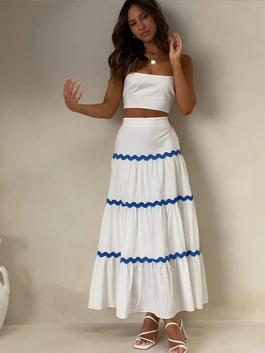 Wave Stripe Holiday Strap Dress Set 2024 Spring Crop Top Elegant Sleeveless 2 Pcs Matching Sets Long Skirt A-line Beach Suit