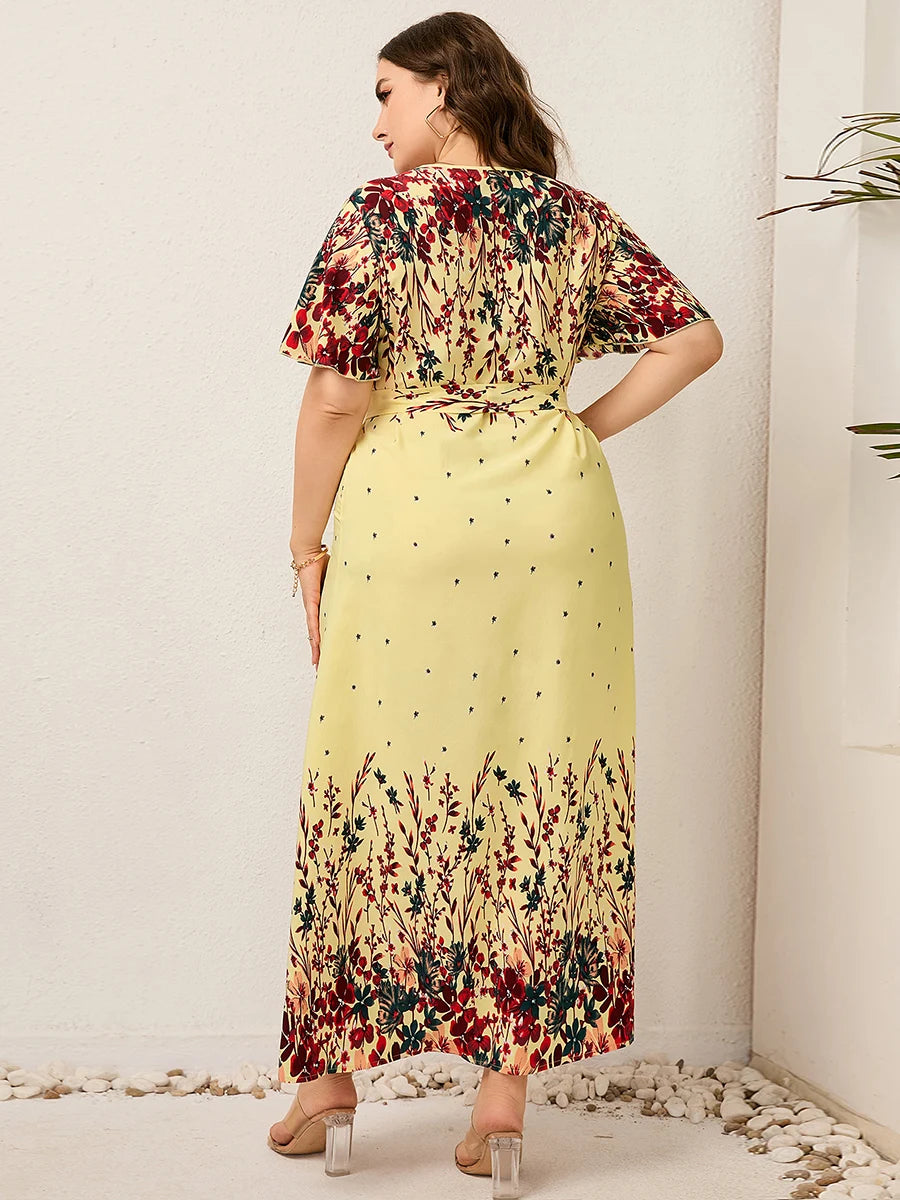 2023 Vestido largo de verano para mujer, cuello en V, manga corta, estampado Floral, Vestido de playa bohemio, mujer con curvas, ropa de talla grande para mujer