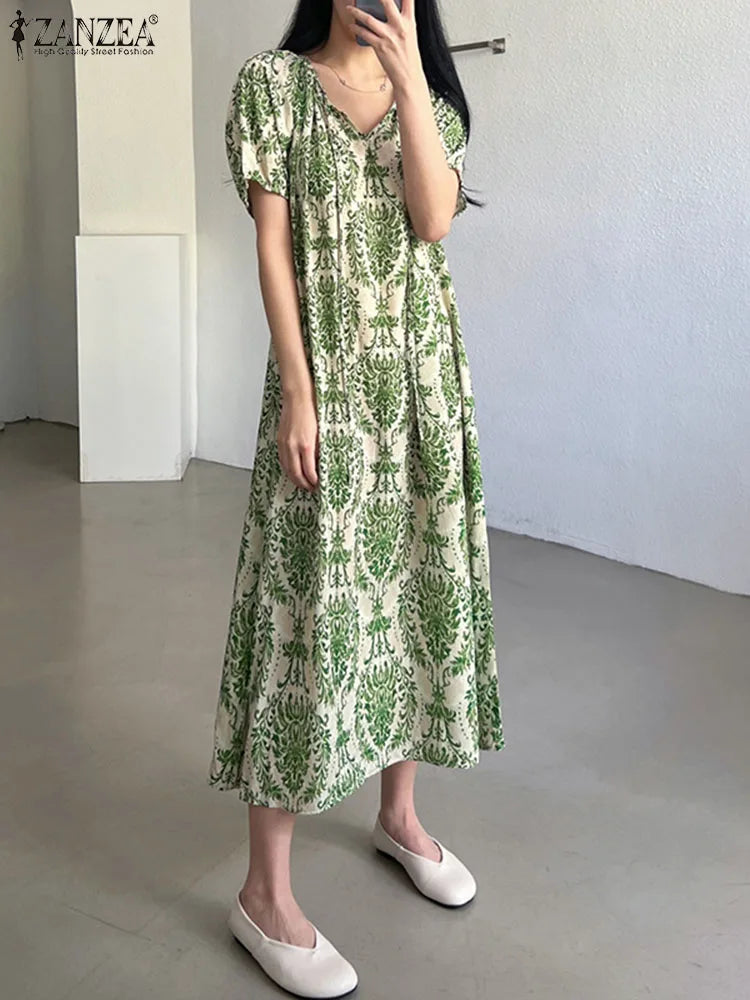 ZANZEA Holiday Summer Maxi Dress Women Fashion Short Sleeve Robe Vintage Printed Bandage O-neck Sundress Casual Loose Vestidos