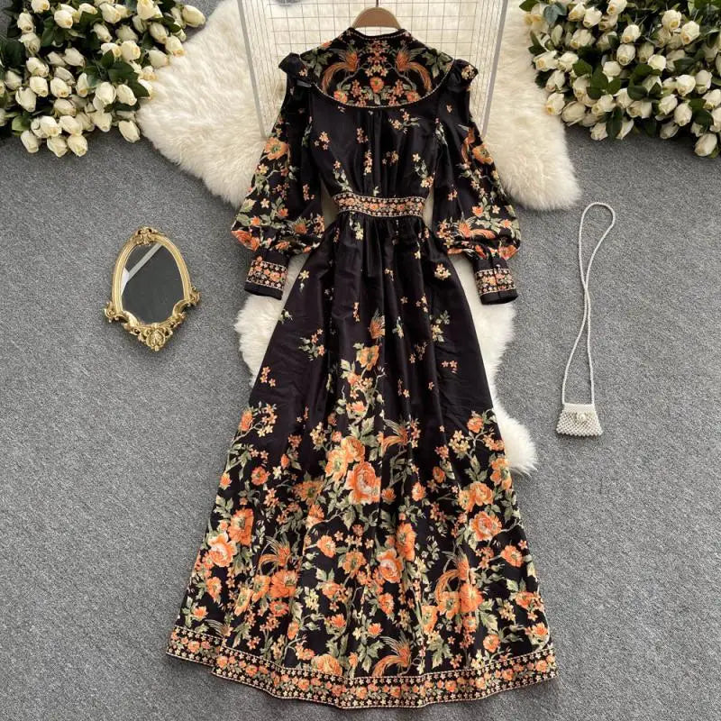 2022 New Dress Autumn Vintage Chiffon Single Breasted Lady Full Dress A Line V Neck Puff Sleeve Mid-Calf Women Dresses Vestido