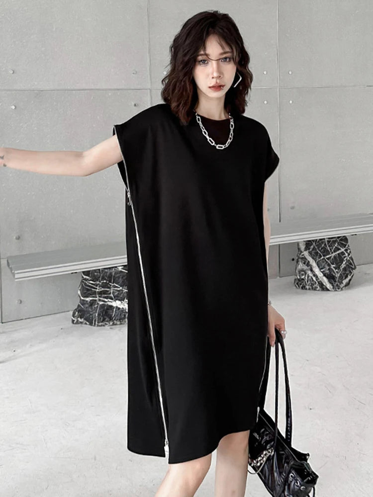 [EAM] vestido Casual negro con cremallera de talla grande para mujer nuevo cuello redondo manga corta corte holgado moda Primavera Verano 2024 1DF7865