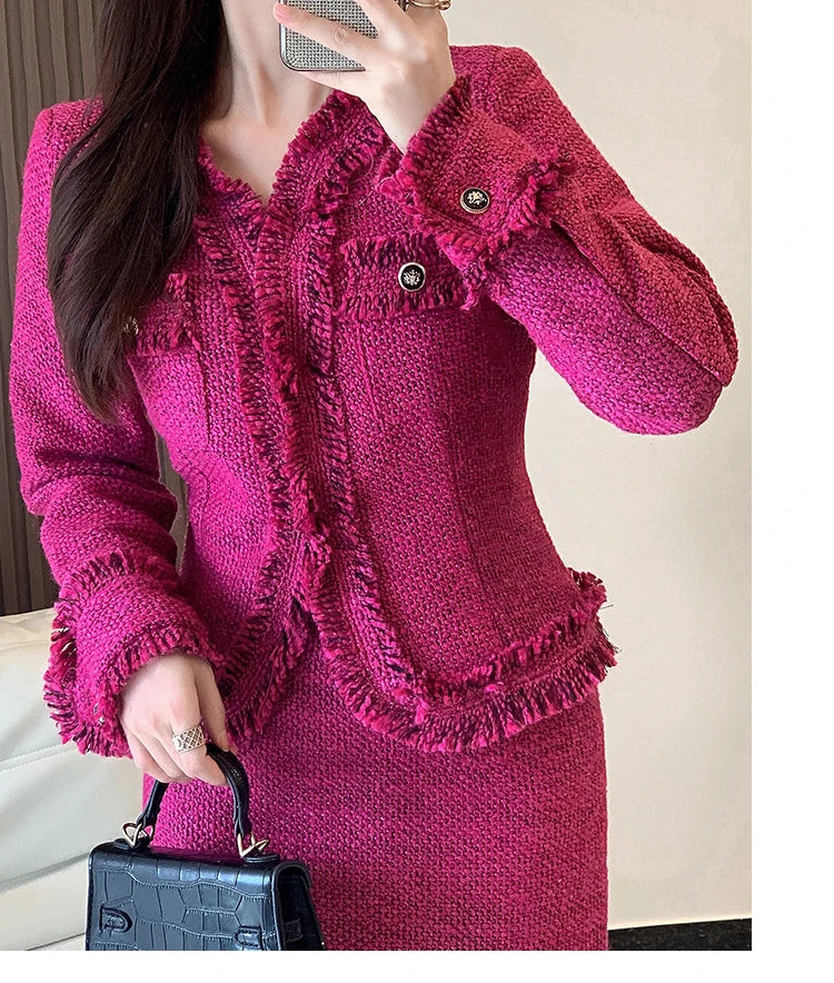 Women Vintage Elegant Tassel Prom Party Suit Jacket Coat And Skirt Two Piece Set Y2K Outfit 2023 Winter Jacquard Tweed Clothing