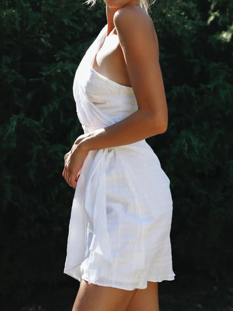 Foridol – robe d'été courte froncée en coton blanc, asymétrique épaule dénudée, avec nœud papillon, robe de plage, sans manches, couleur unie