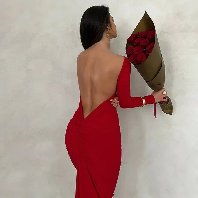 Vestido largo sin espalda elegante rojo de manga larga vestido de fiesta de noche Sexy acanalado para mujer 2023 trajes de Navidad ajustados de primavera