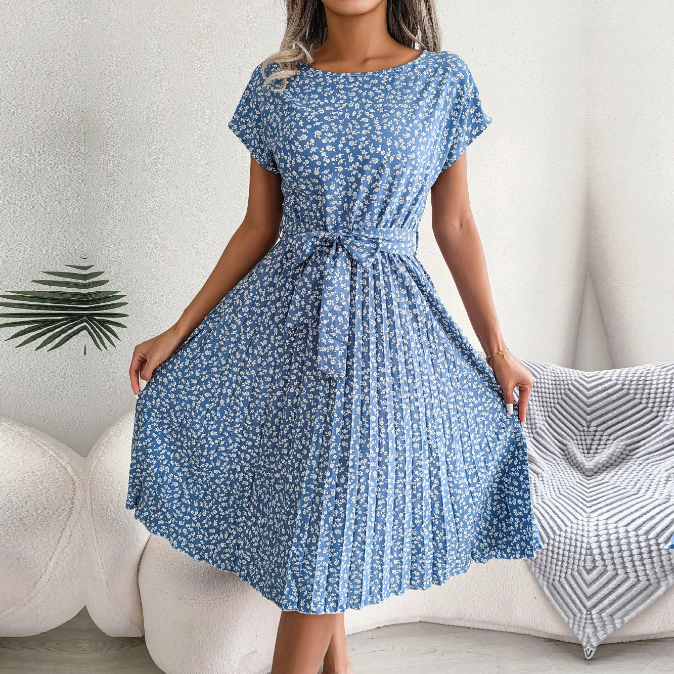 Robe longue plissée à fleurs pour femmes, manches courtes, taille haute, Chic, mode, ligne A, printemps été