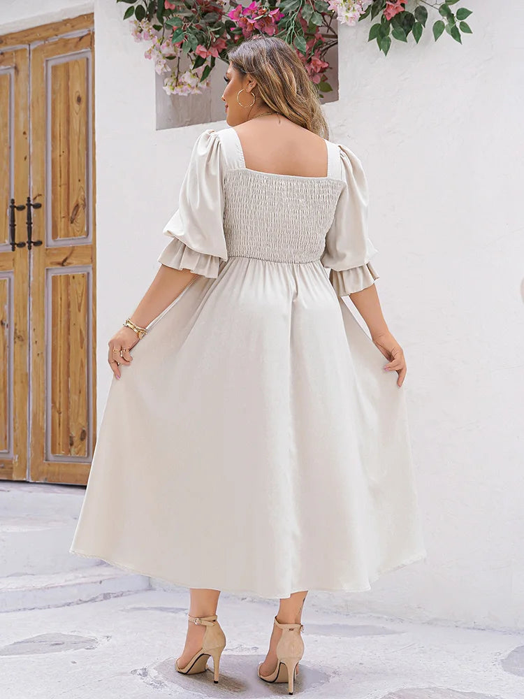 GIBSIE Plus Size Ruffle Trim Square Neck Puff Sleeve Dress Women Summer Casual Shirred A-Line Vacation Long Dresses 2024 New