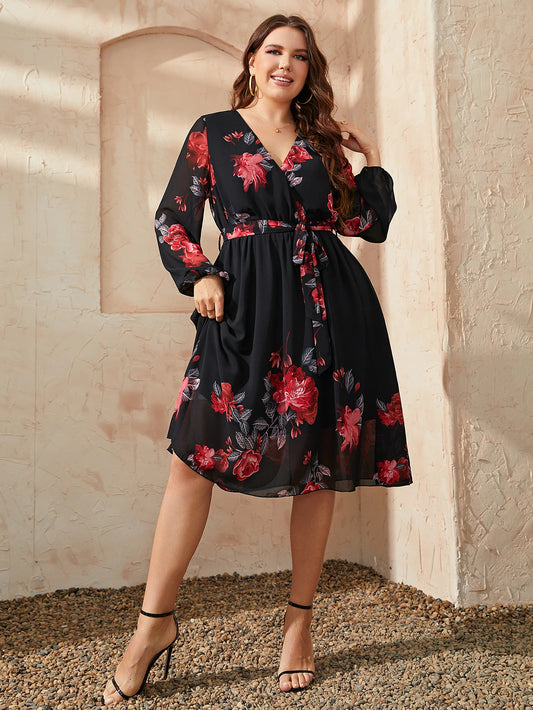 Vestido elegante de talla grande con estampado Floral y escote en V, vestido Midi con cinturón, ropa informal para mujer, vestidos Vintage elegantes de fiesta de manga larga negros