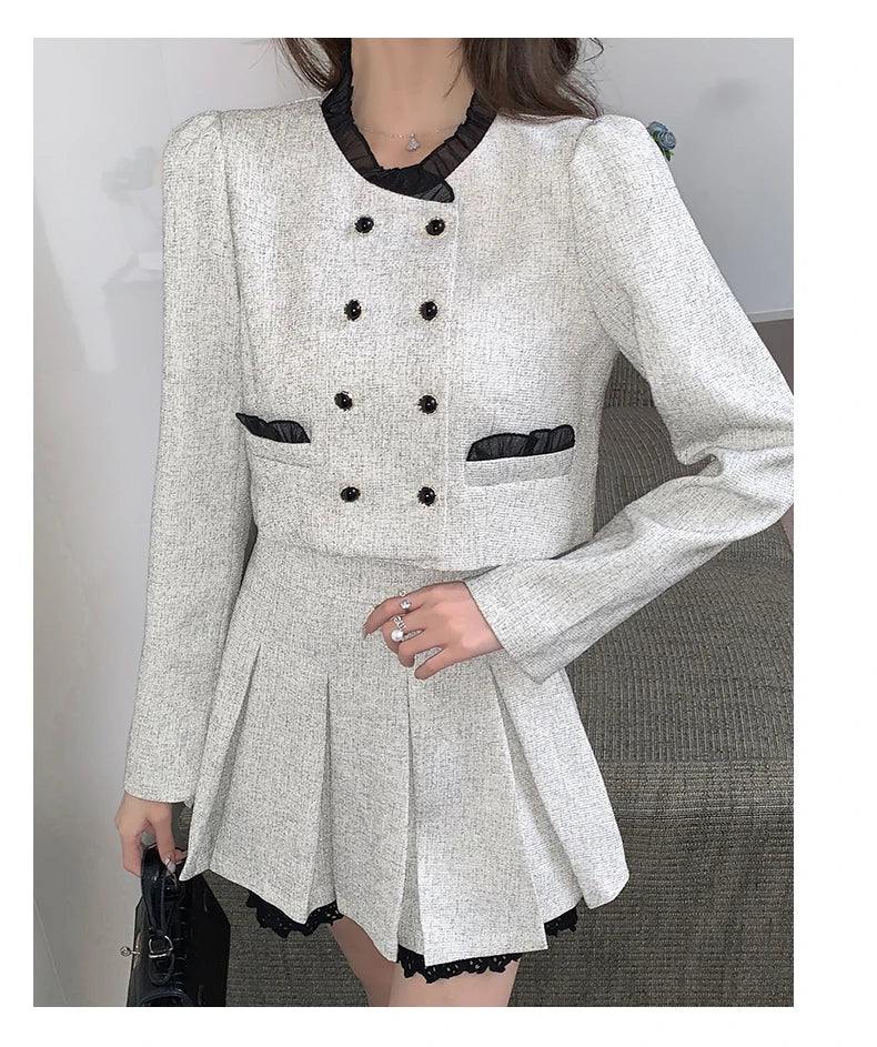 Women Tweed Korean Y2K Suit Double breasted Jacke Coat Crop Top Skirt Two Piece Set Outfit Winter Autumn Chic Elegant Clothing