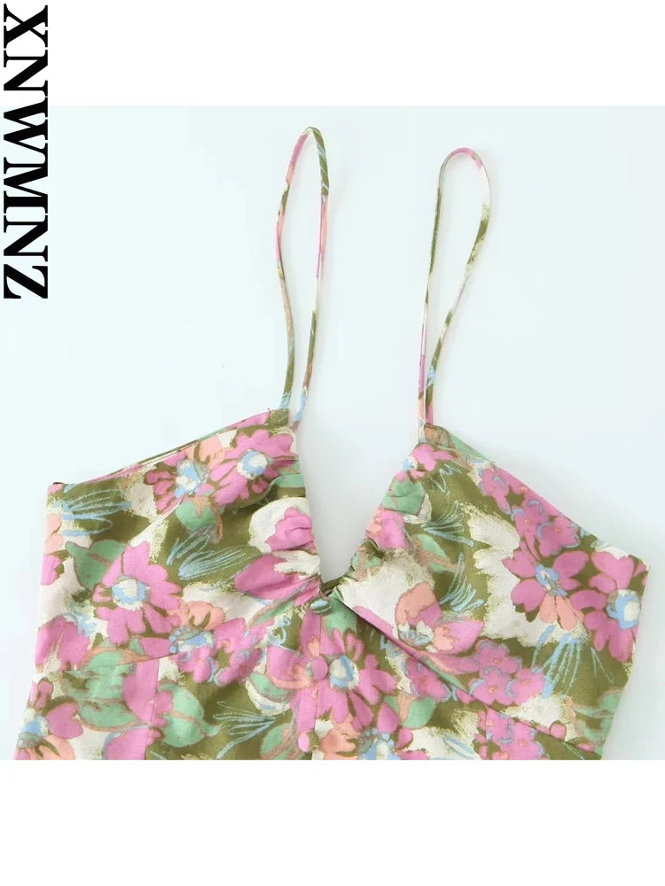 XNWMNZ-vestido de lino mezclado con estampado de flores para mujer, vestido de vacaciones con cuello en V y correas ajustables, lazo en la espalda abierta, vestido femenino con abertura frontal