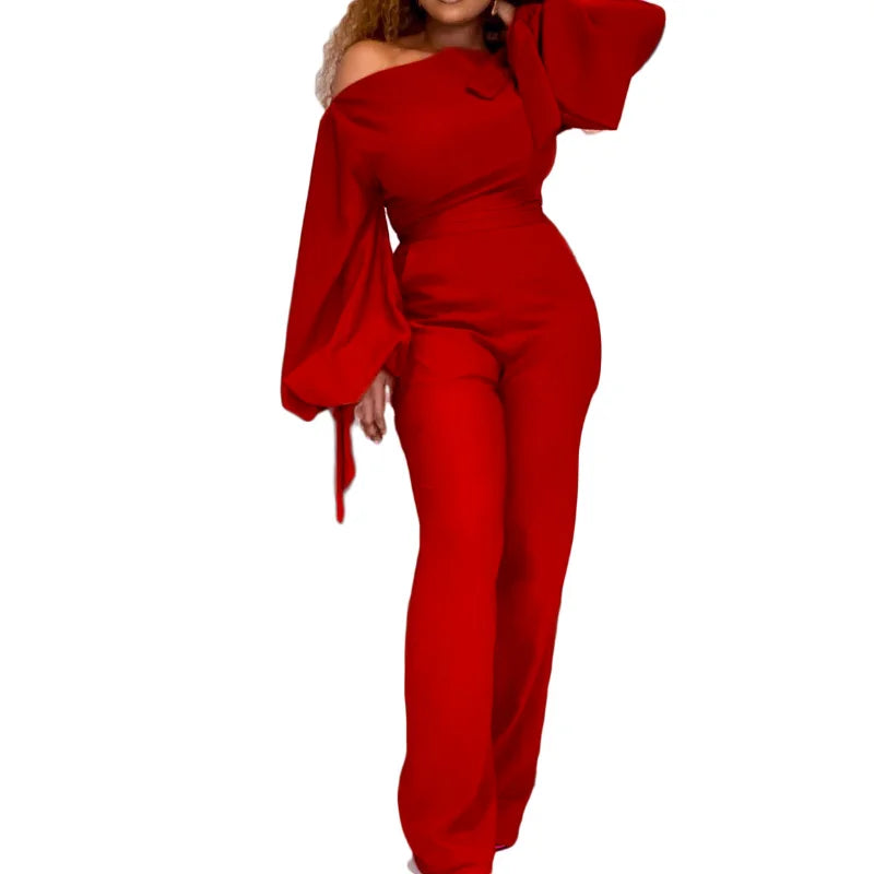 WSFEC S-3XL 2022 Winter Fall Outfits Evening Jumpsuits Women Clothing African Bubble Sleeve Diagonal Collar Wide Leg Bodysuit