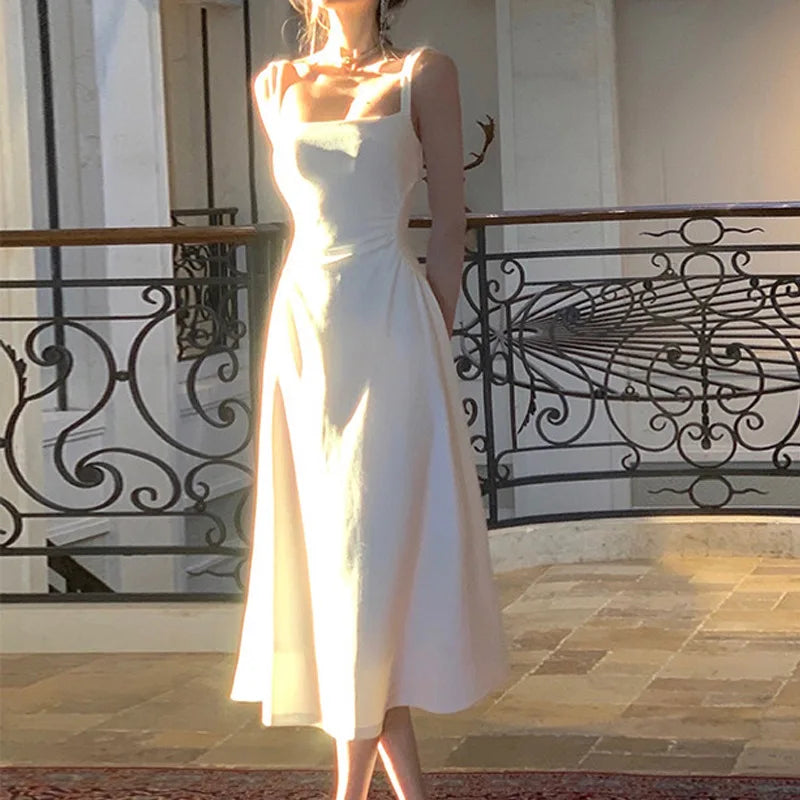 Robe mi-longue blanche pour femme, tenue de soirée, de bureau, Slim, Sexy, sans manches, à bretelles, Style plage, une pièce, été, 2023