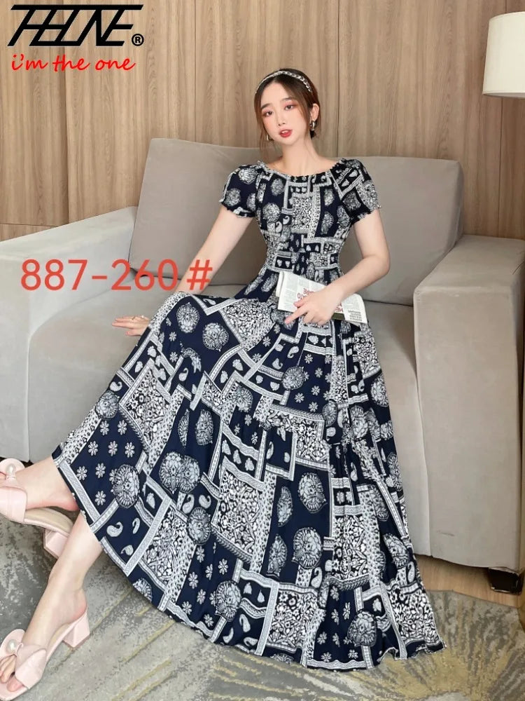 THHONE Vestidos Robe Maxi Long Dress Women Summer Indian Clothes Bohemian Cotton Linen Floral Short Sleeve Korean Style Casual