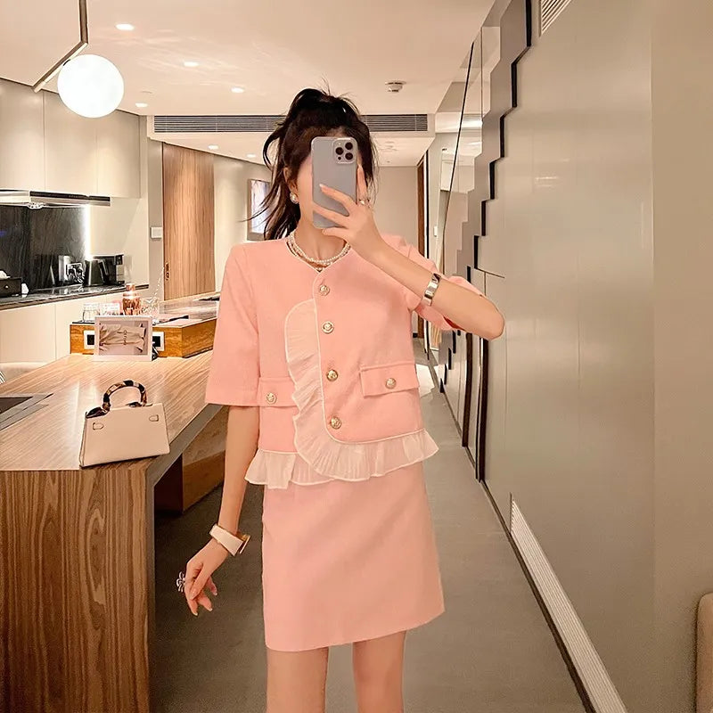 Summer 2022 New Arrival Chic Women’s Clothing, Elegant Lady Style Stylish Pink Ruffle Two-Piece Dress Set for Female Office Lady