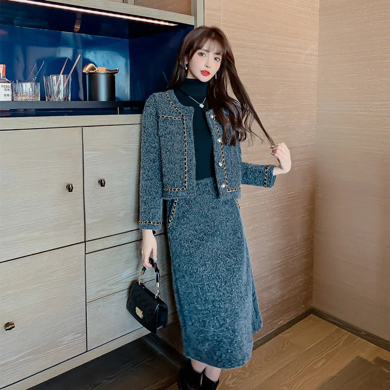 Women Vintage Tweed Fragrant Y2K Warm Suit Jacke Coat And Skirt Two Piece Set Outfit Winter Snow Thicken Elegant Chic Clothing